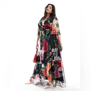 ASOS Pink and Red Tiered Maxi Gown V-Neck Short Sleeve